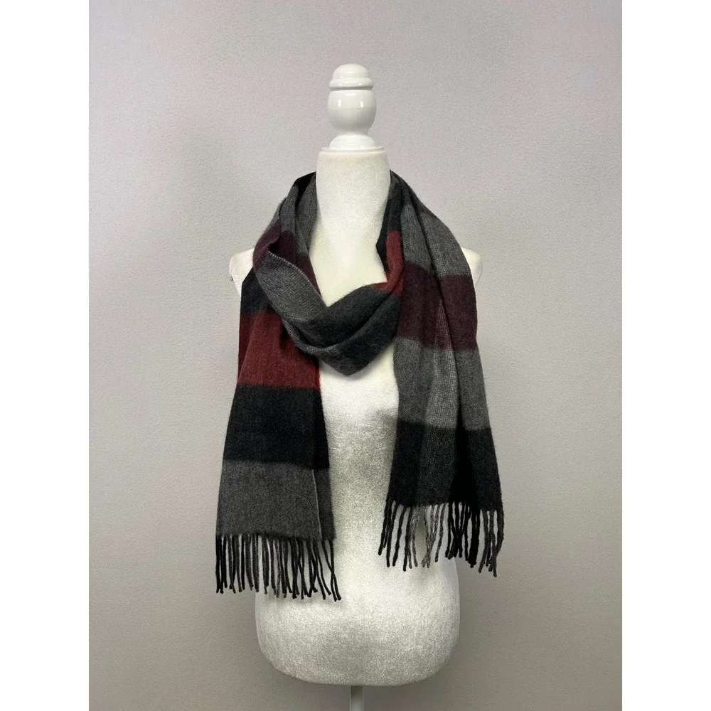 Luxury Nordstrom Men's Shop OS Grey Plaid 100% Cashmere Fringe Scarf Accessory
